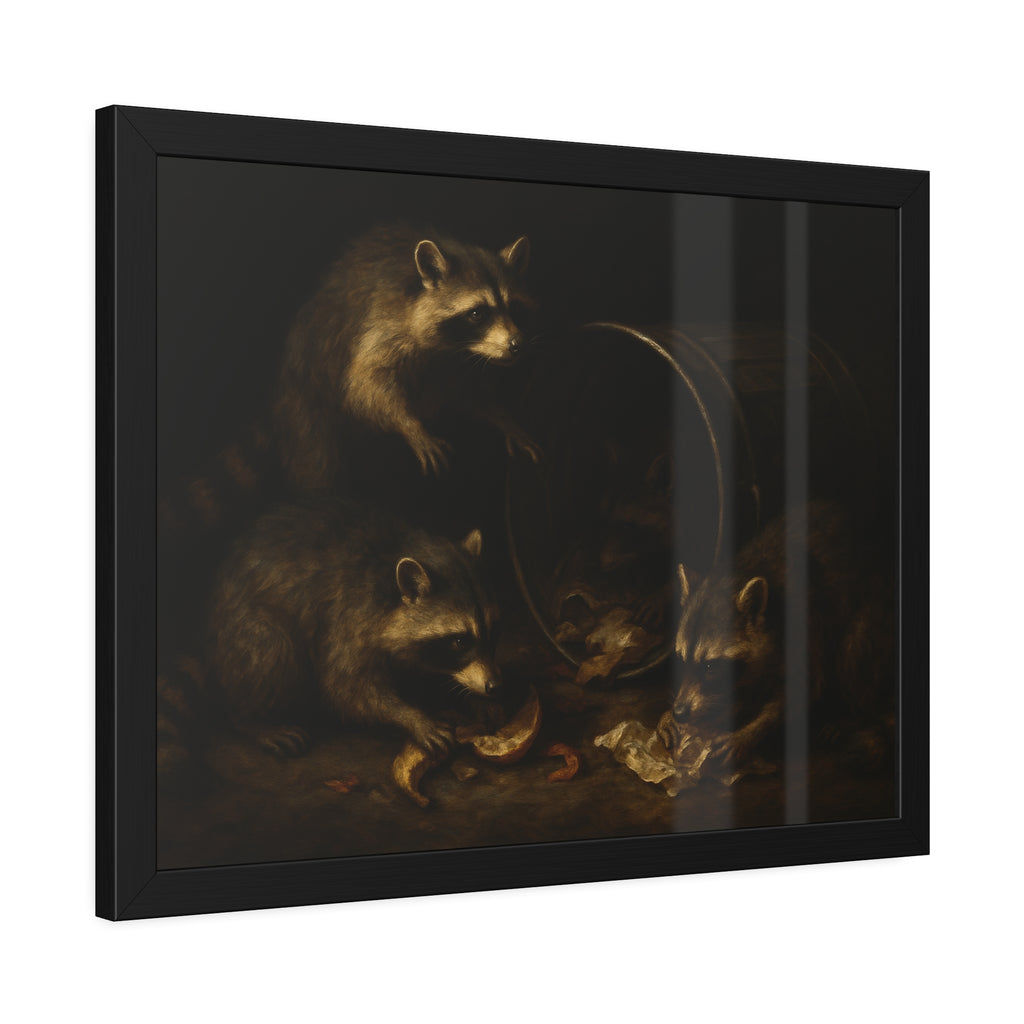 Raccoons at a tipped metal pail, one gnawing a melon rind in the dark. The Supper at the Alleyway by Garabaggio, framed fine art print hanging in a room.