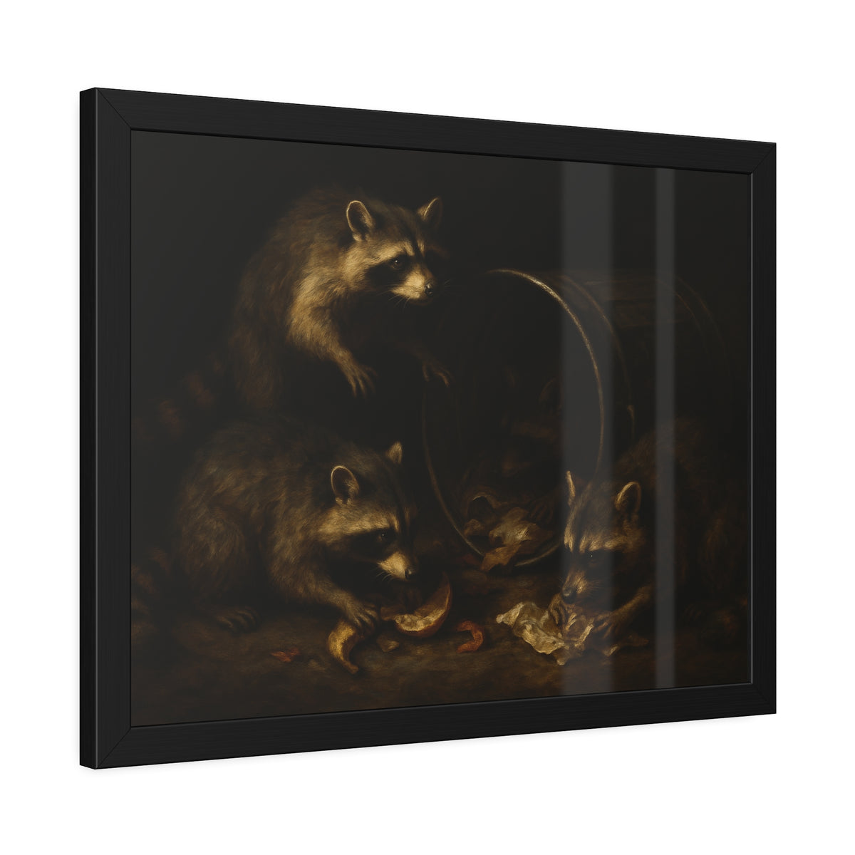 Raccoons at a tipped metal pail, one gnawing a melon rind in the dark. The Supper at the Alleyway by Garabaggio, framed fine art print hanging in a room.