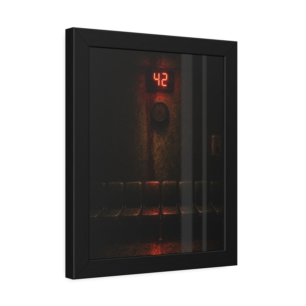 A red number display glowing above an empty row of waiting room chairs. The Number Called at Last by Garabaggio, framed fine art print hanging in a room.