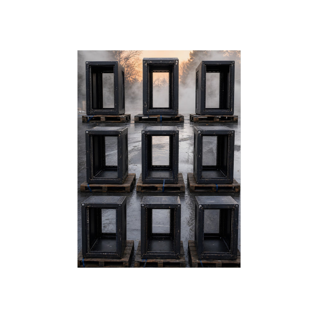 Nine empty black server racks on pallets in a wet lot at dawn. The Racks in the Morning Lot by Garabaggio, fine art print, 12″ x 16″.