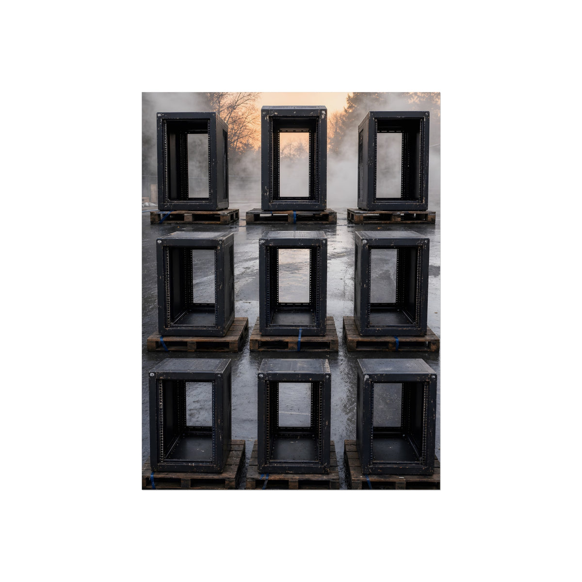 Nine empty black server racks on pallets in a wet lot at dawn. The Racks in the Morning Lot by Garabaggio, fine art print, 12″ x 16″.