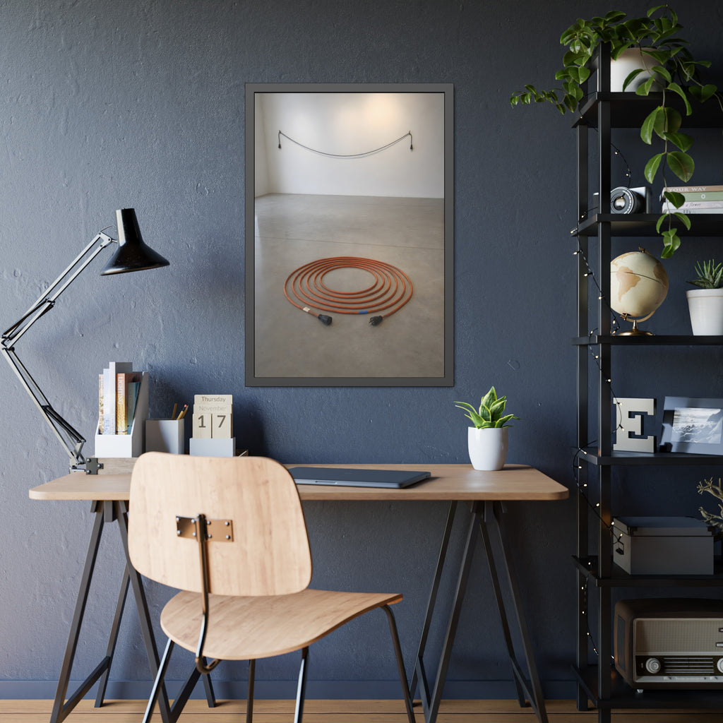 An orange extension cord coiled in a spiral on a bare gallery floor. The Floor Coil by Garabaggio, framed fine art print hanging in a room.