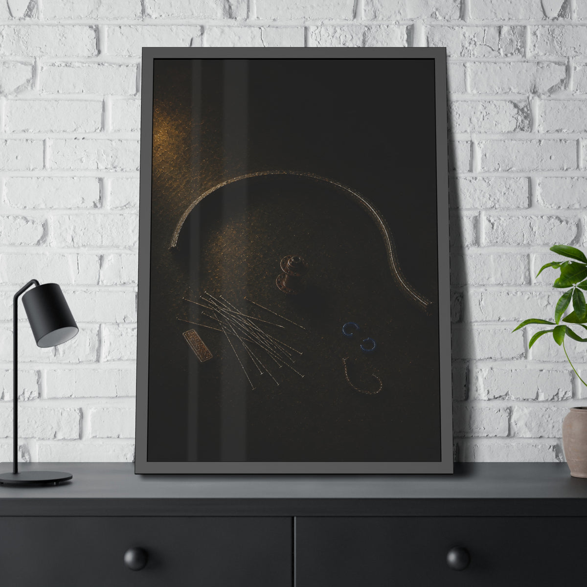 Bent bicycle rim, loose spokes and hub laid out on dark asphalt. Arc and Spokes by Garabaggio, framed fine art print hanging in a room.