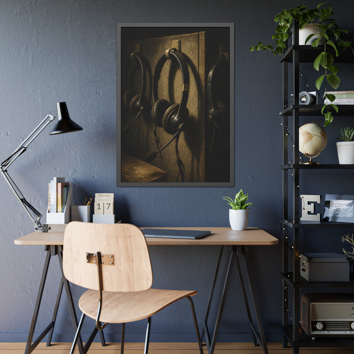 Three worn call center headsets hanging on wall hooks in dim light. The Headsets Left Hanging by Garabaggio, framed fine art print hanging in a room.