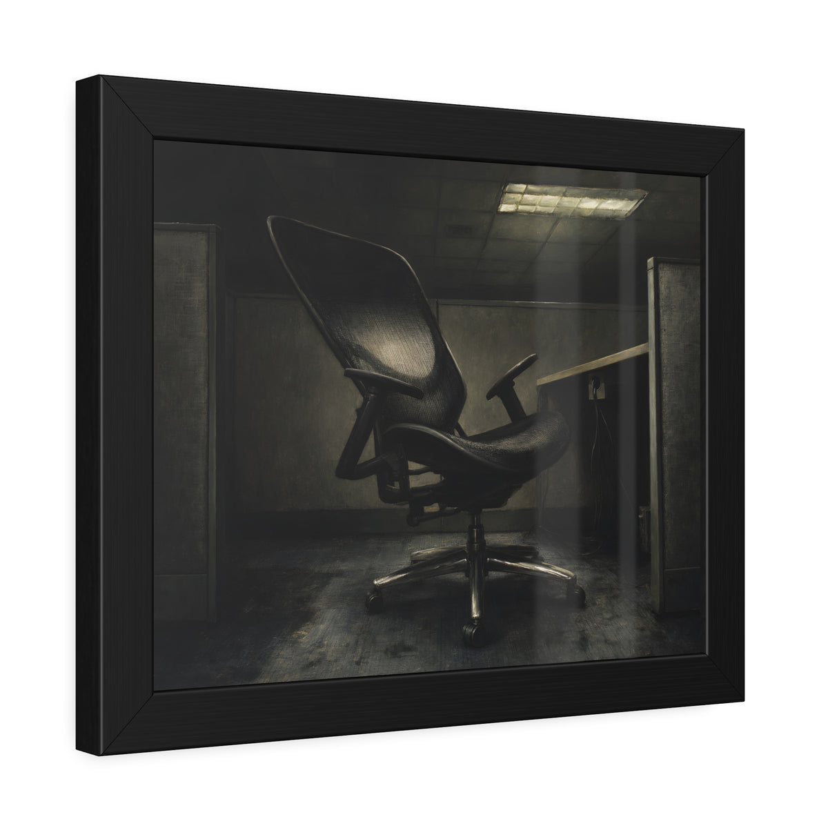 An office chair tilted back in an empty cubicle under one ceiling light. The Ergonomic Chair, Unlocked by Garabaggio, framed fine art print hanging in a room.