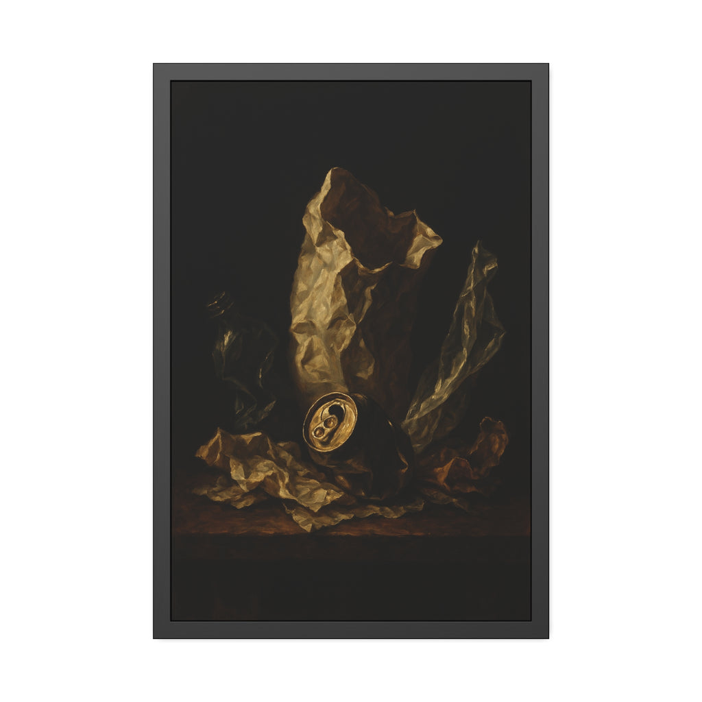 A crushed paper bag, dented can and flattened bottle on a dark table. Vanitas with Crumpled Bag by Garabaggio, framed fine art print hanging in a room.