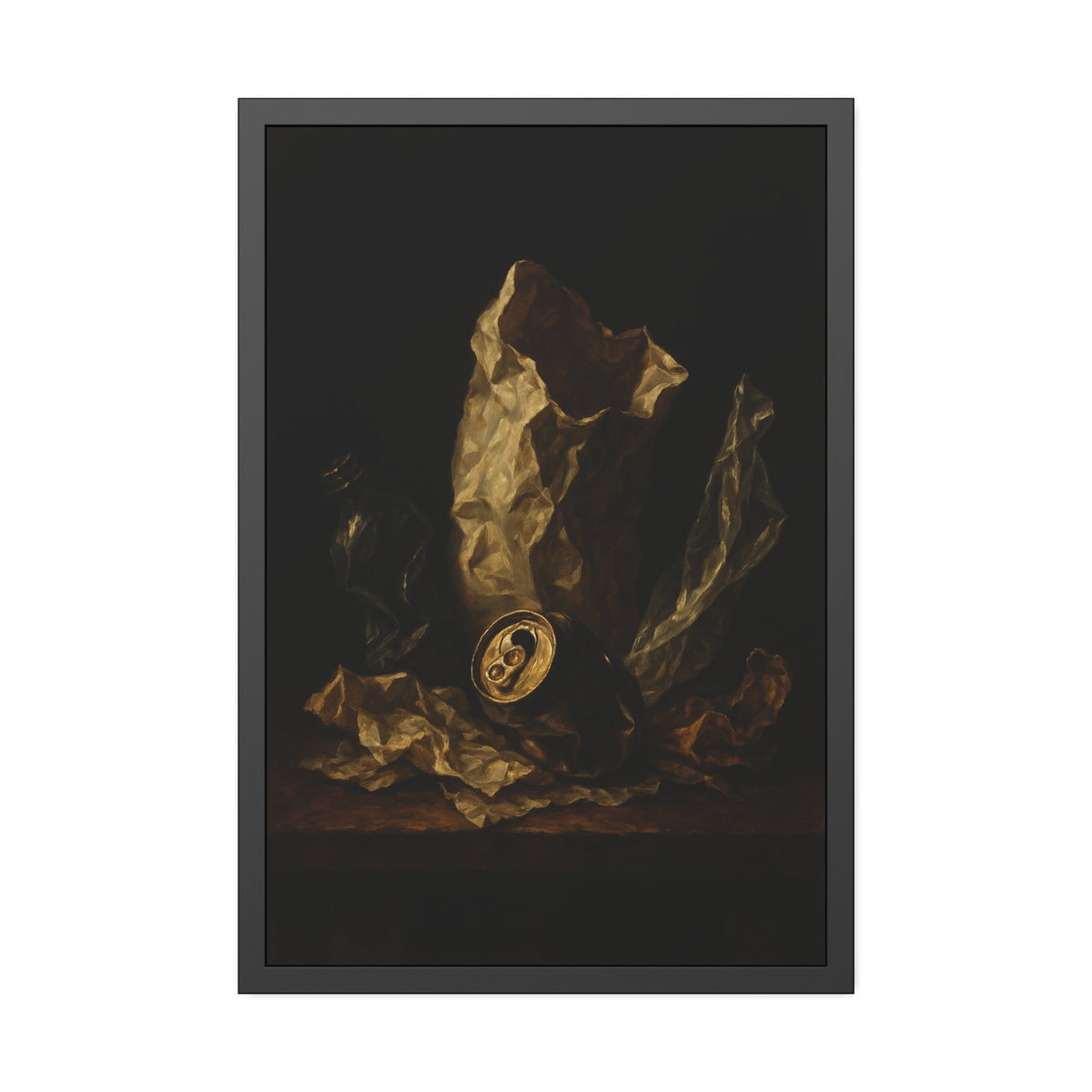 A crushed paper bag, dented can and flattened bottle on a dark table. Vanitas with Crumpled Bag by Garabaggio, framed fine art print hanging in a room.