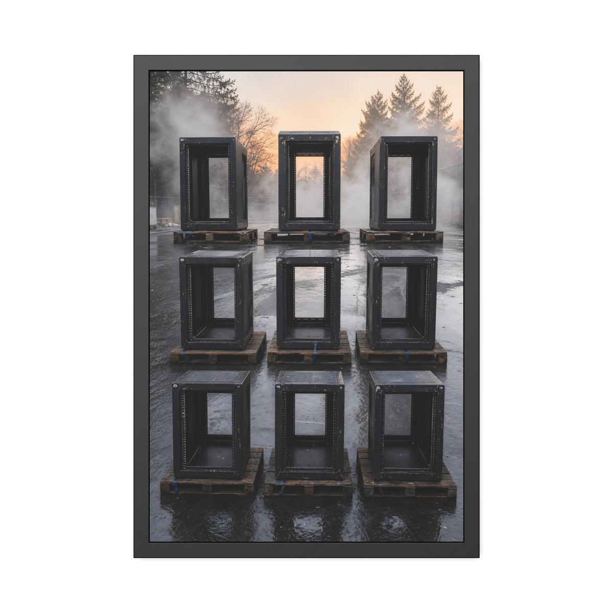 Nine empty black server racks on pallets in a wet lot at dawn. The Racks in the Morning Lot by Garabaggio, framed fine art print, 24″ x 36″.