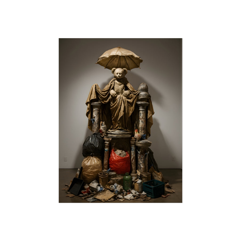 A teddy bear figure under an umbrella atop a pile of trash bags. Madonna of the Lost and Found by Garabaggio, fine art print, 12″ x 16″.