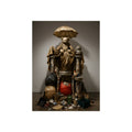 A teddy bear figure under an umbrella atop a pile of trash bags. Madonna of the Lost and Found by Garabaggio, fine art print, 12″ x 16″.