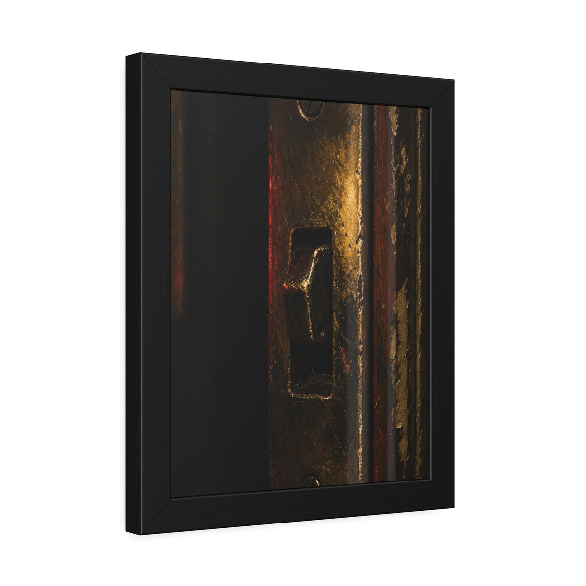 A brass door latch beside an intercom with a small red light. The Door Does Not Release by Garabaggio, framed fine art print hanging in a room.