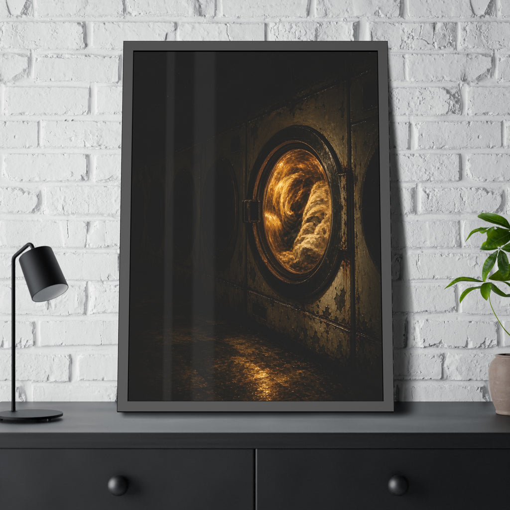 A row of dryers with one drum lit and tumbling in a dark laundromat. The Last Dryer Turning by Garabaggio, framed fine art print hanging in a room.