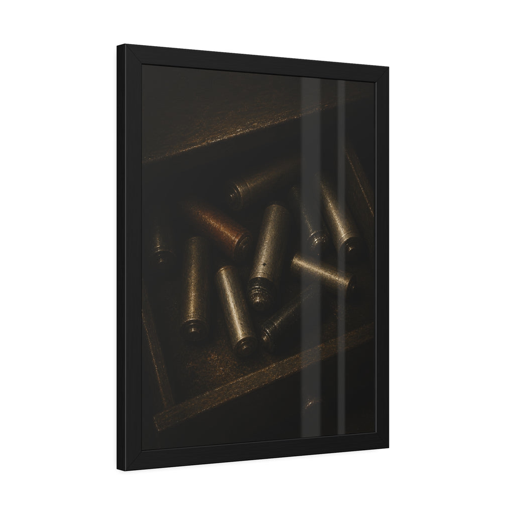 Old batteries loose in an open wooden drawer lit from above. The Drawer Congregation by Garabaggio, framed fine art print hanging in a room.