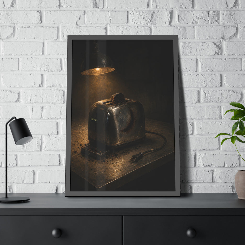 A scorched toaster under a work lamp, burnt toast standing in its slot. The Table of Examination by Garabaggio, framed fine art print hanging in a room.