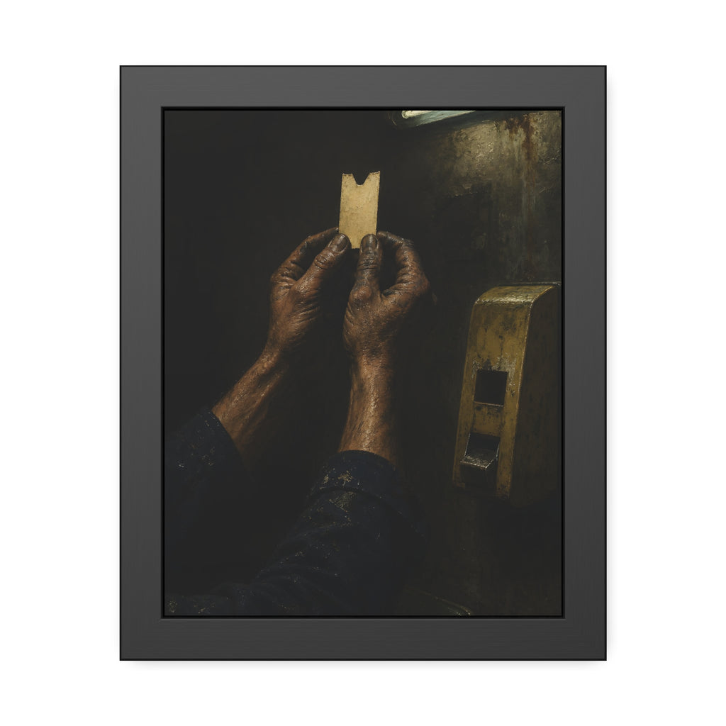 Weathered hands holding a paper queue ticket under a fluorescent tube. The First Number by Garabaggio, framed fine art print, 11″ x 14″.