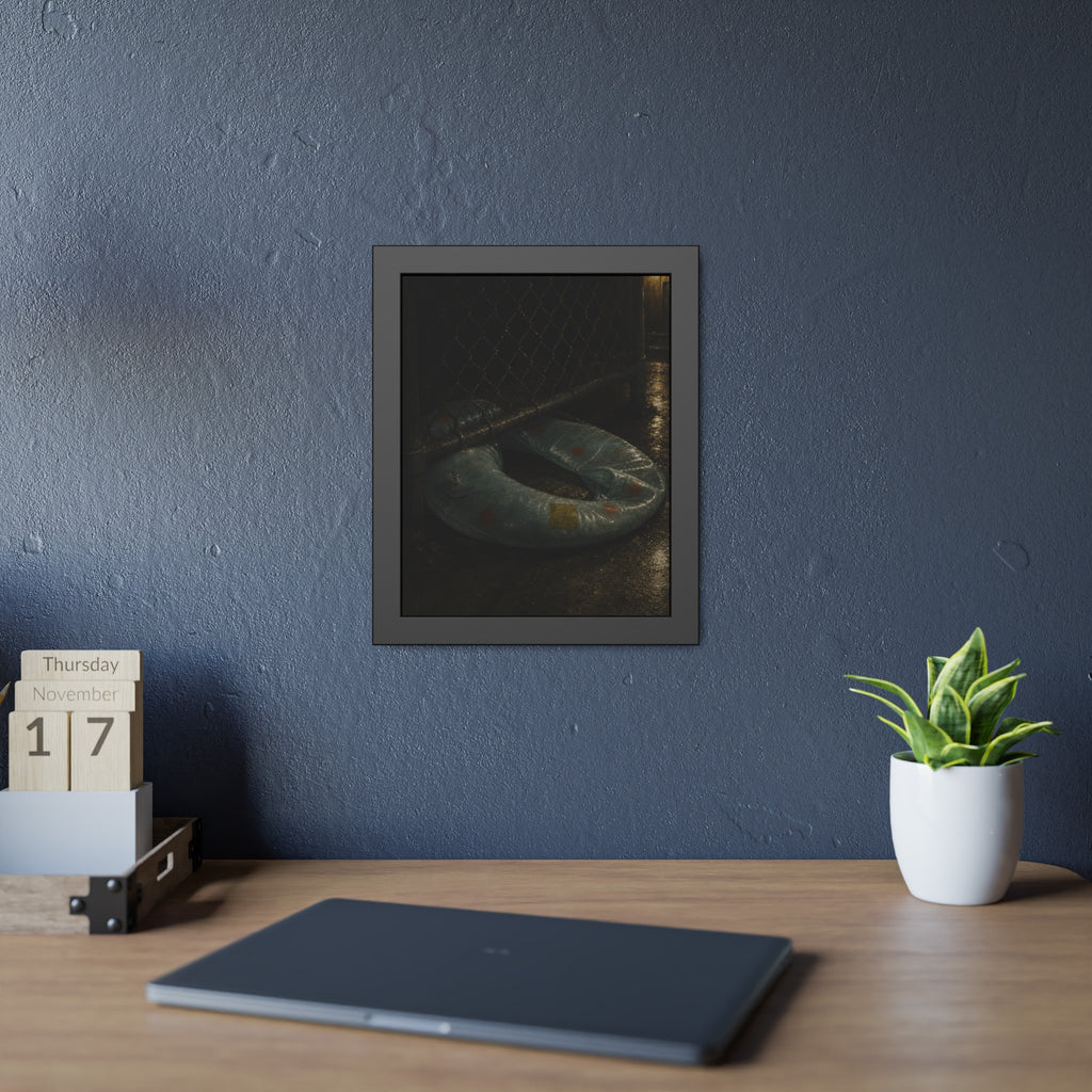 A deflated ring float pushed under a chain link fence in a wet alley. The Escape Beneath the Fence by Garabaggio, framed fine art print hanging in a room.