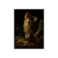 A crushed paper bag, dented can and flattened bottle on a dark table. Vanitas with Crumpled Bag by Garabaggio, fine art print, 12″ x 16″.