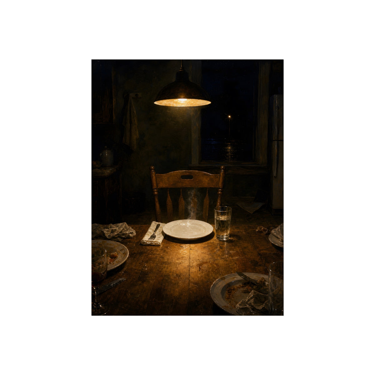 A clean plate and empty chair under a hanging lamp at a used dinner table. The Empty Seat at Dinner by Garabaggio, fine art print, 18″ x 24″.