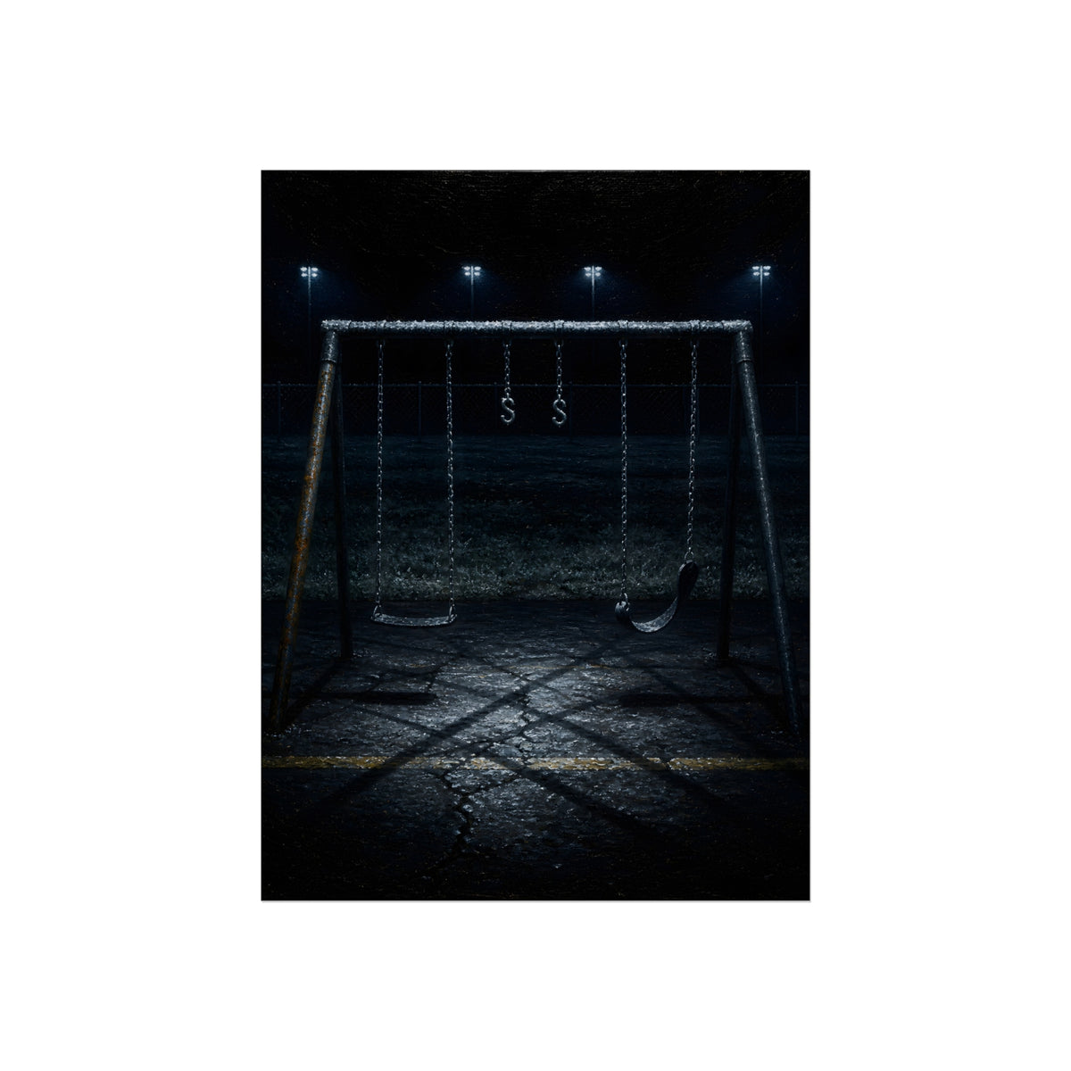 An empty swing set with frost on its crossbar under floodlights. Midnight: The Frost on the Crossbar by Garabaggio, fine art print, 12″ x 16″.
