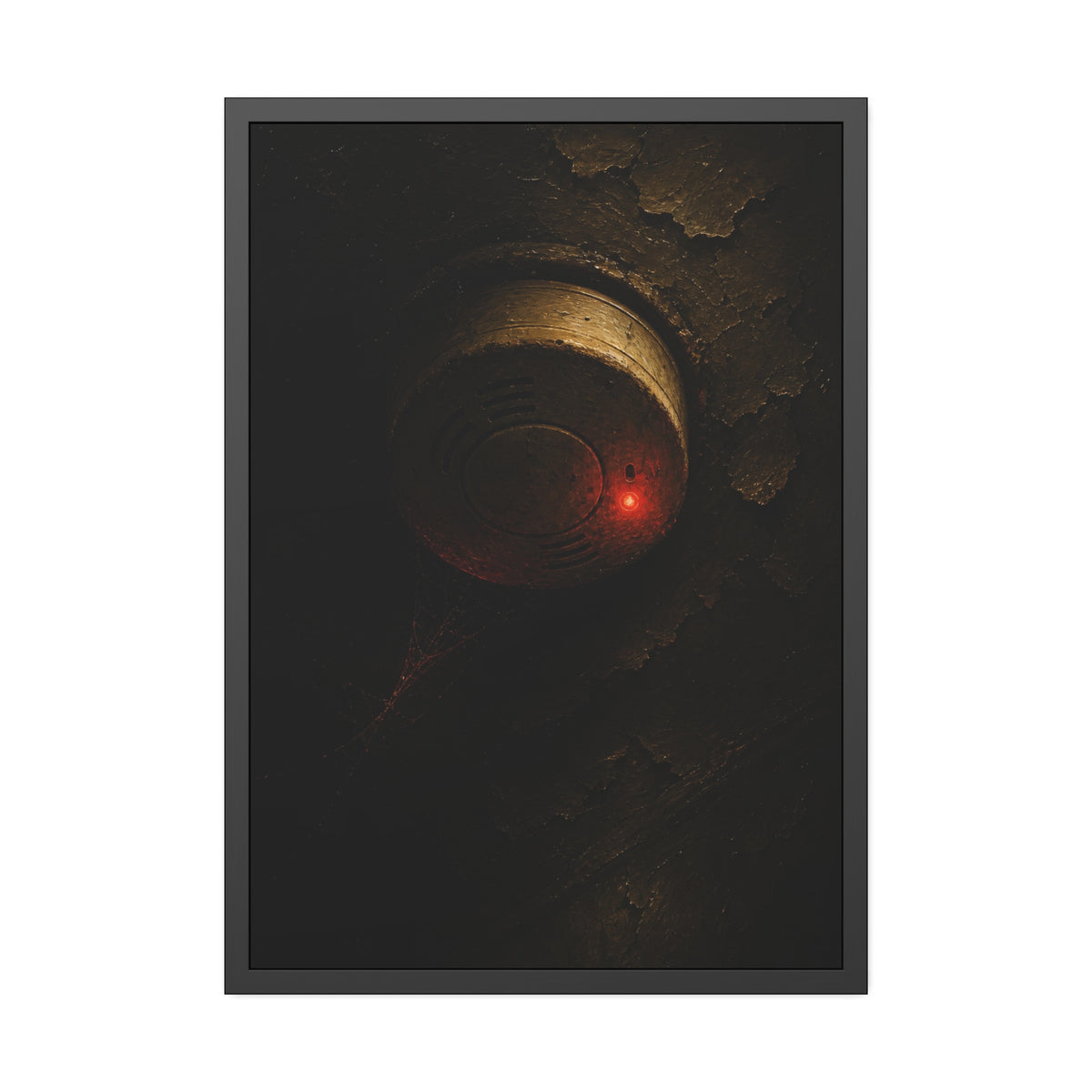 A dusty smoke detector on a peeling ceiling with its red light on. The First Red Blink by Garabaggio, framed fine art print, 28″ x 40″.