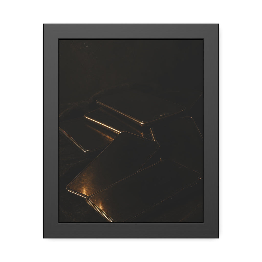 Stack of dead phone screens on dark cloth, edges catching warm light. After the Light Goes Out by Garabaggio, framed fine art print, 11″ x 14″.