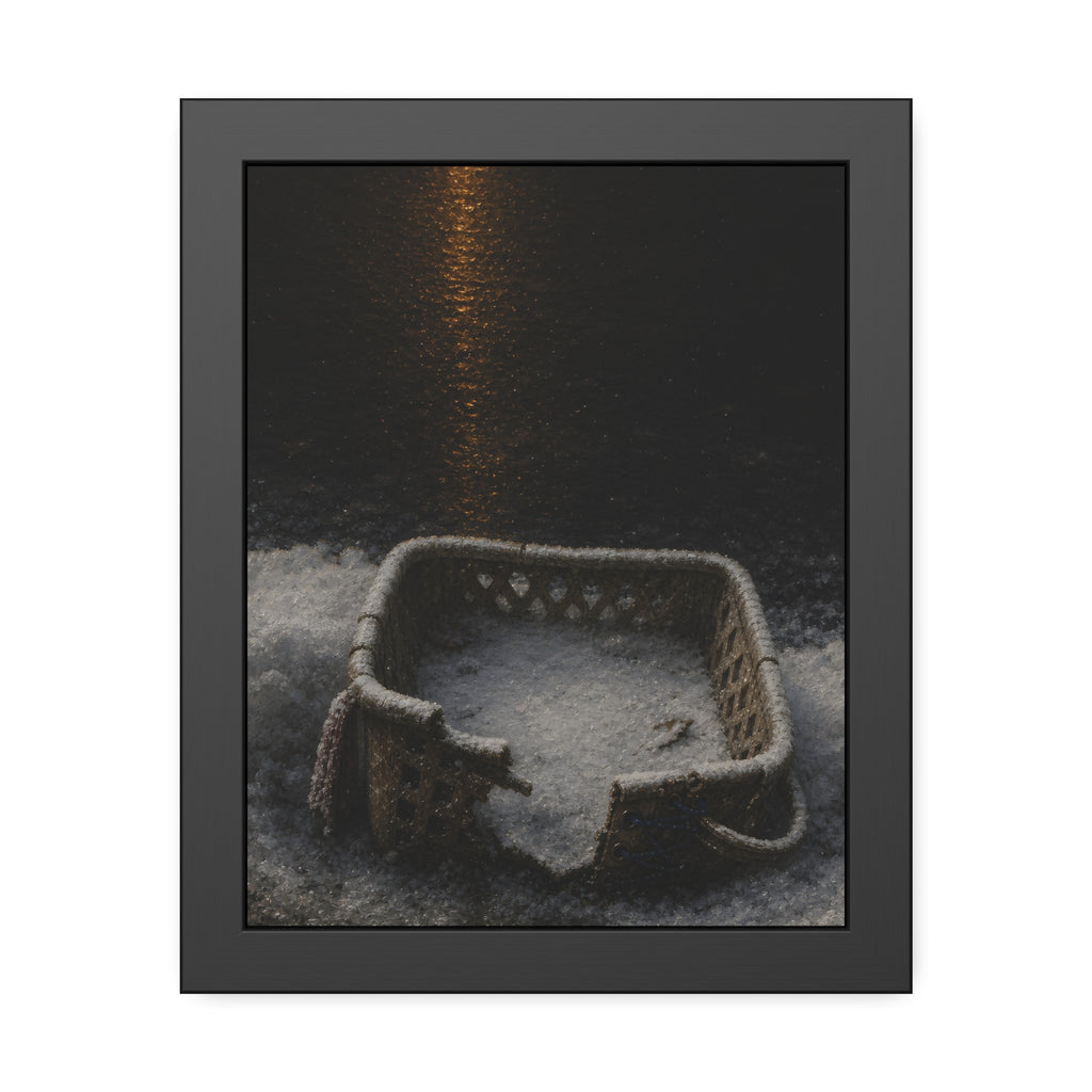 A cracked laundry basket half buried in snow under a distant lamp. The First Snow by Garabaggio, framed fine art print, 11″ x 14″.