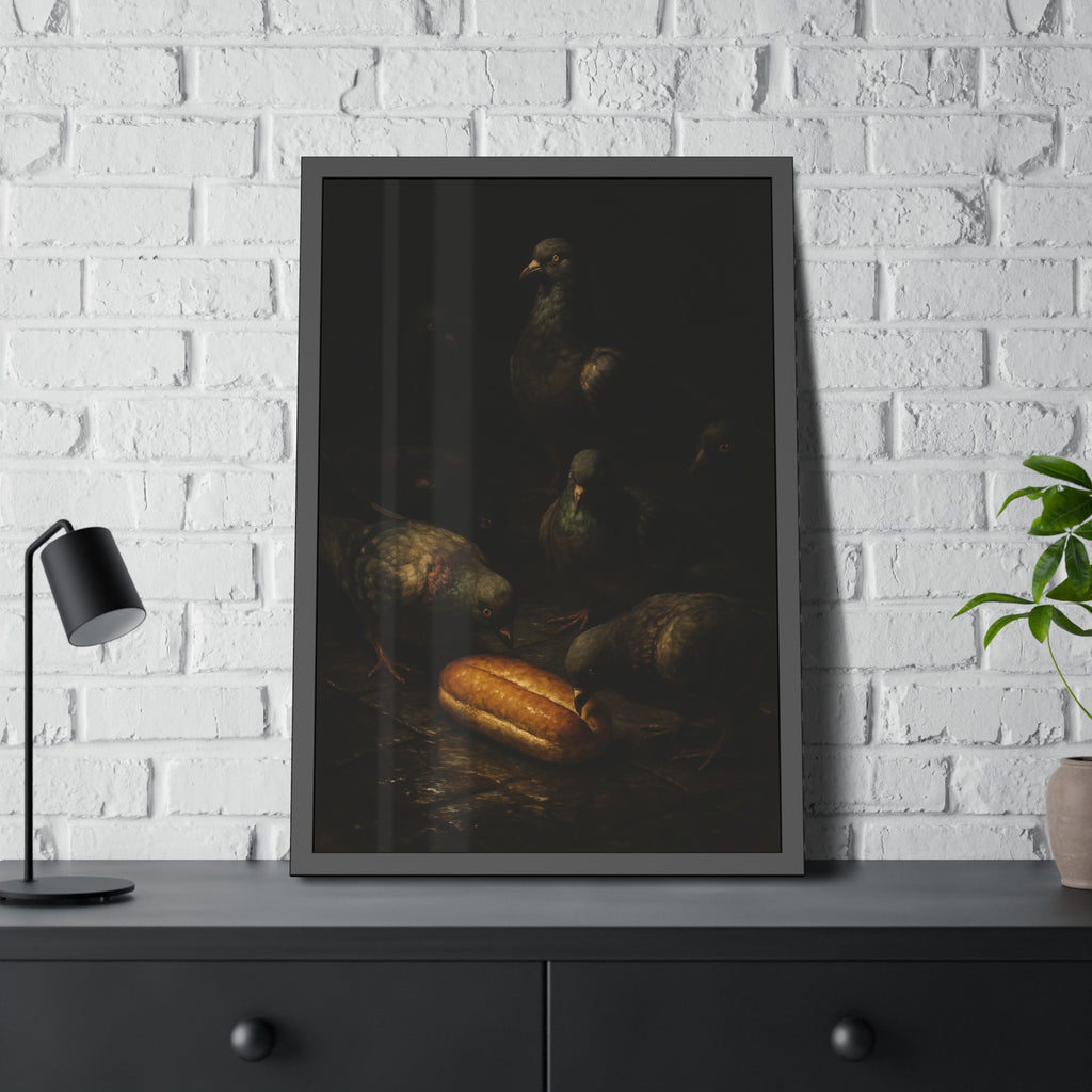 Pigeons crowding around a bread roll on dark stone paving. The Congregation at the Bun by Garabaggio, framed fine art print hanging in a room.