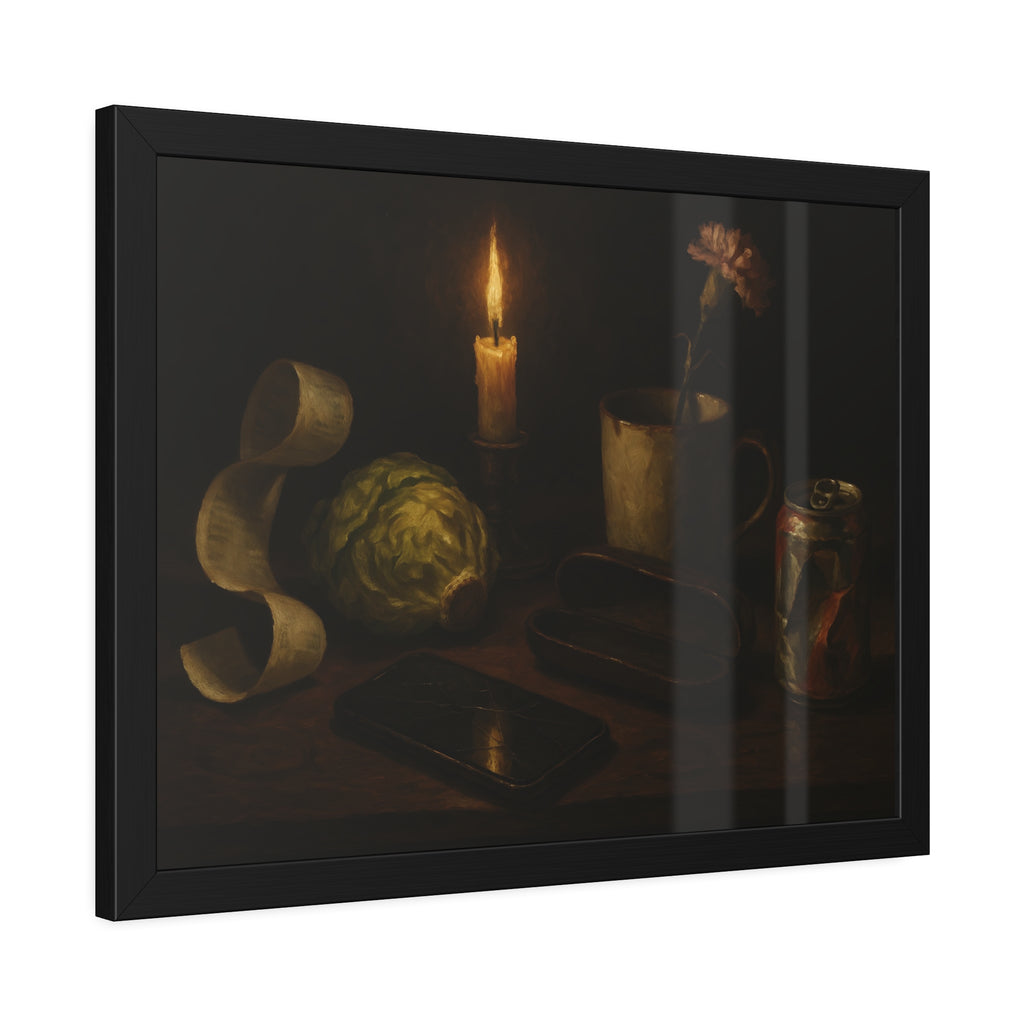 A candle, lettuce head, curled receipt and can on a dim table. Vanitas with Receipts and Wilted Lettuce by Garabaggio, framed fine art print hanging in a room.