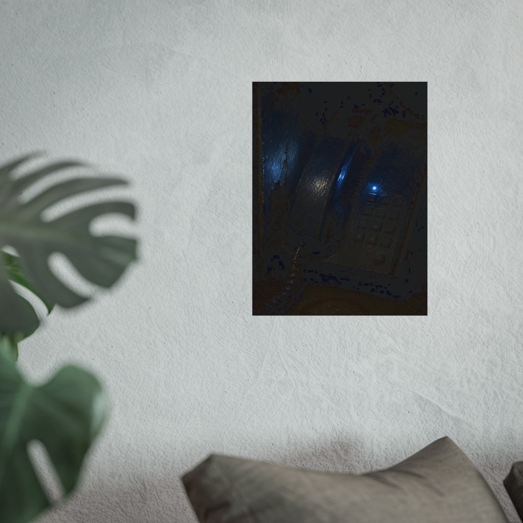A grimy wall telephone in darkness with one small blue indicator light. The Night Queue by Garabaggio, fine art print hanging in a room.