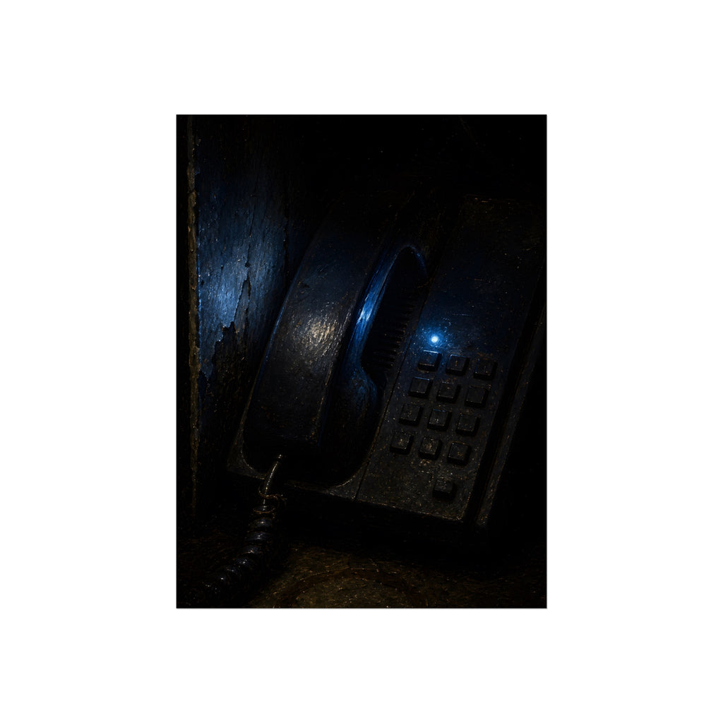 A grimy wall telephone in darkness with one small blue indicator light. The Night Queue by Garabaggio, fine art print, 12″ x 16″.