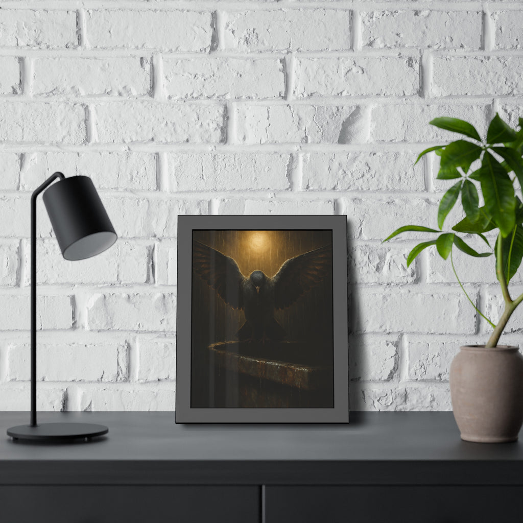 A pigeon with wings spread on a dumpster rim under a lamp in the rain. The Passion (Study in Rain) by Garabaggio, framed fine art print hanging in a room.