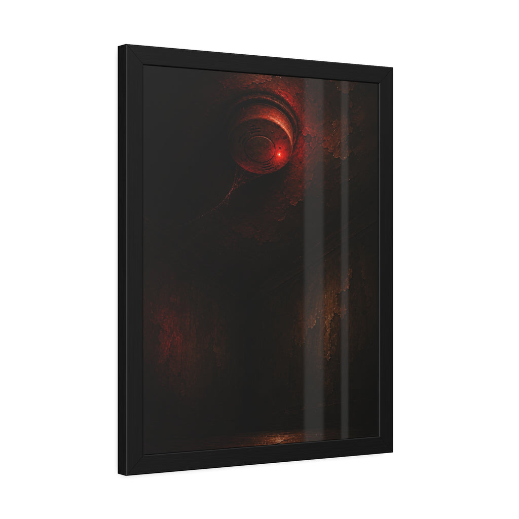A ceiling smoke detector glowing red in an empty peeling room. The Alarm in an Empty Room by Garabaggio, framed fine art print hanging in a room.
