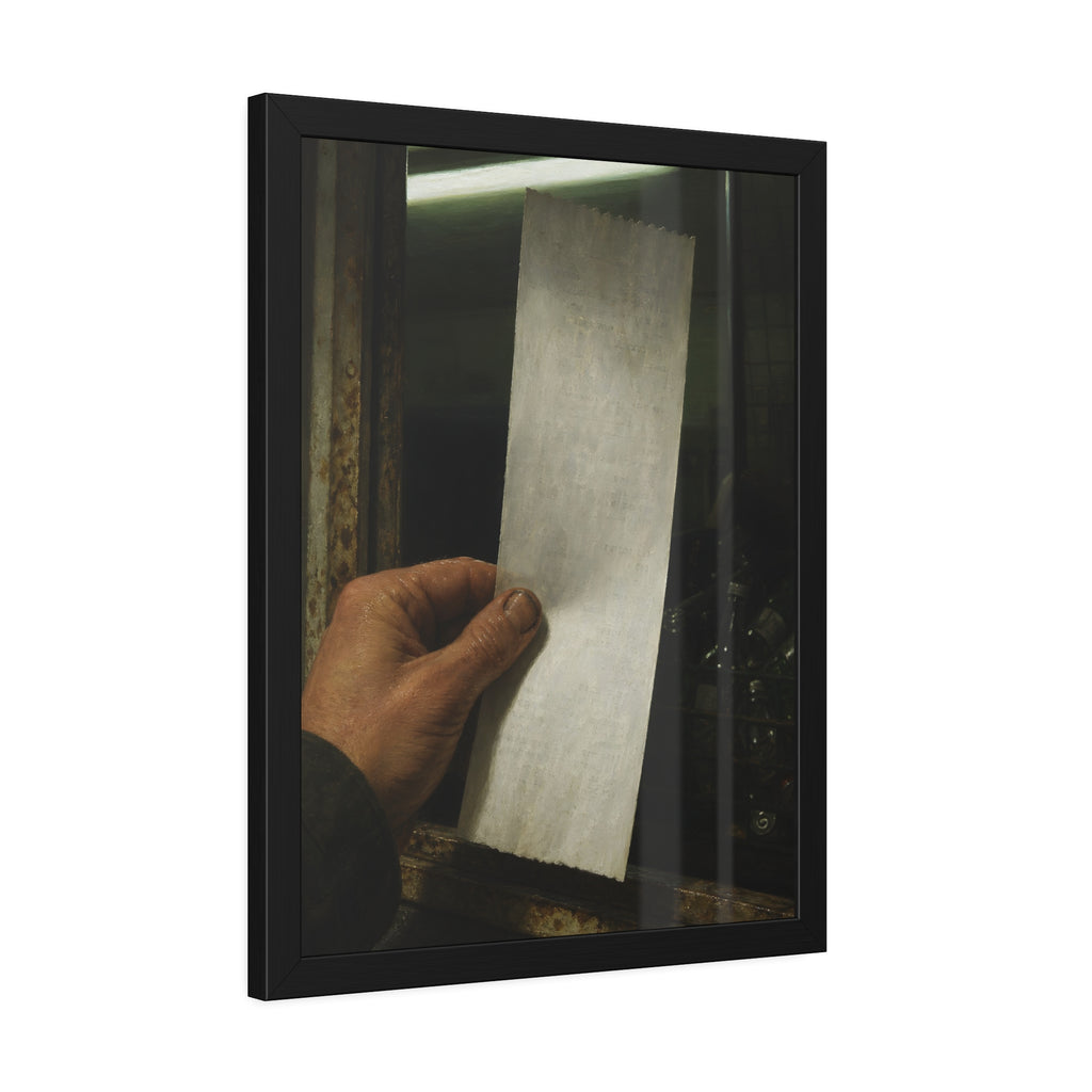 A hand holding a blank slip at a rusted counter window, bottles behind. The Receipt of Absolution by Garabaggio, framed fine art print hanging in a room.