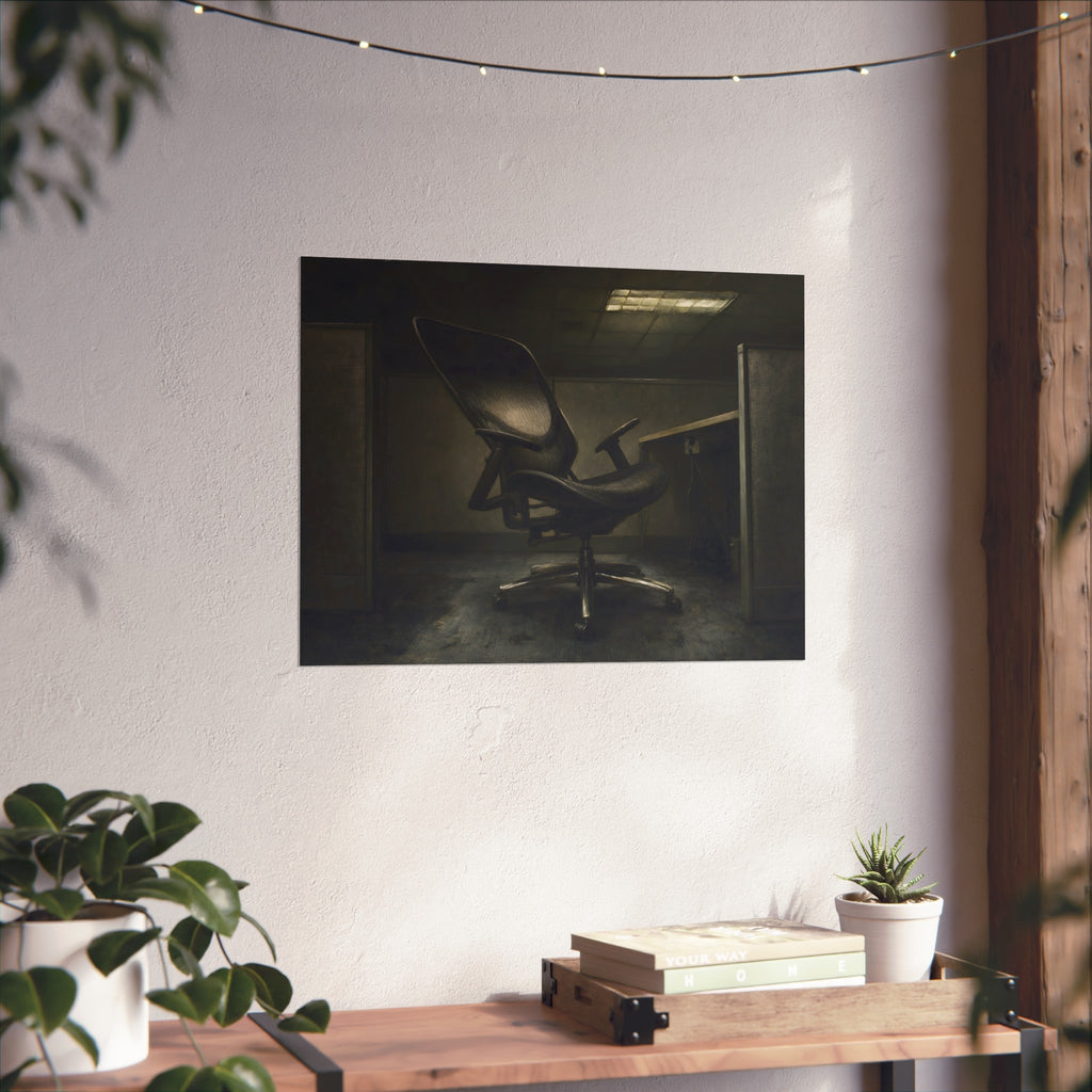 An office chair tilted back in an empty cubicle under one ceiling light. The Ergonomic Chair, Unlocked by Garabaggio, fine art print hanging in a room.