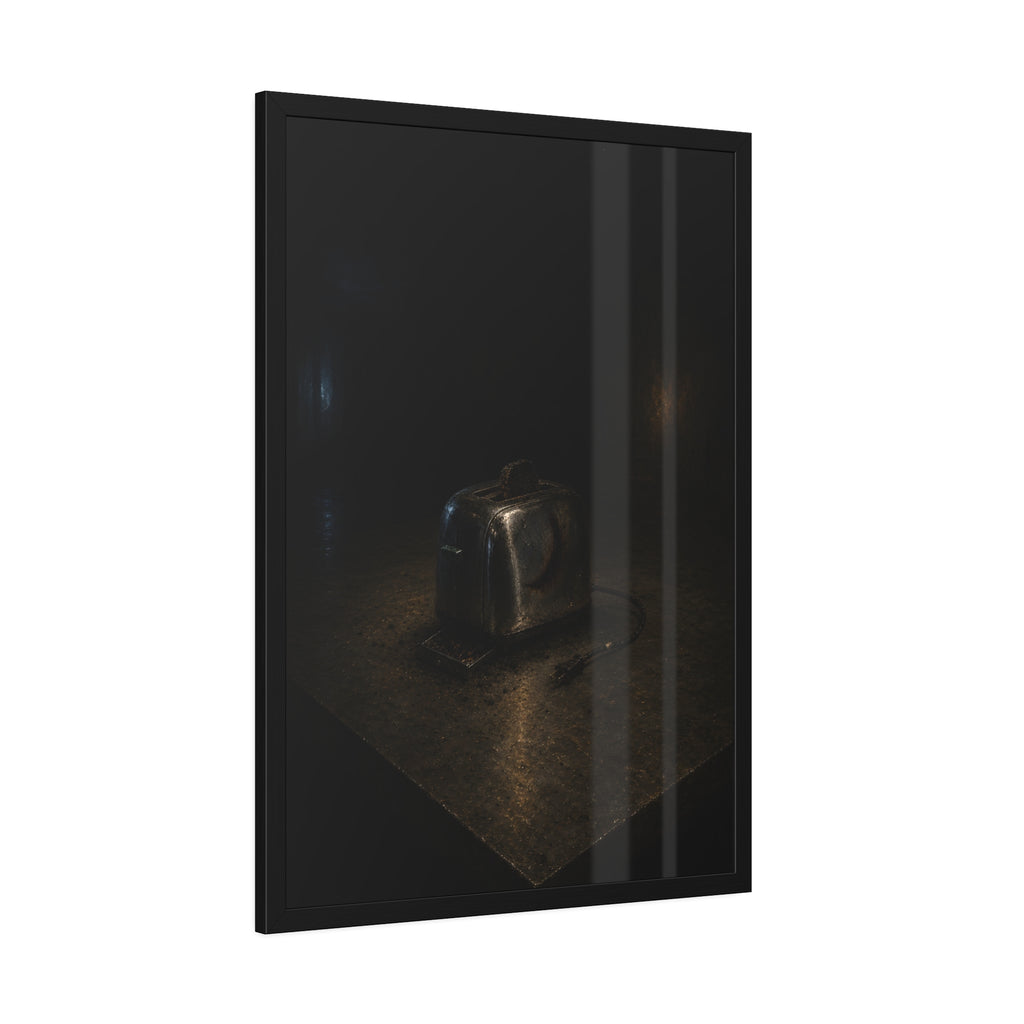 A scorched chrome toaster alone on a metal counter in a dark room. The Cooling on Steel by Garabaggio, framed fine art print hanging in a room.