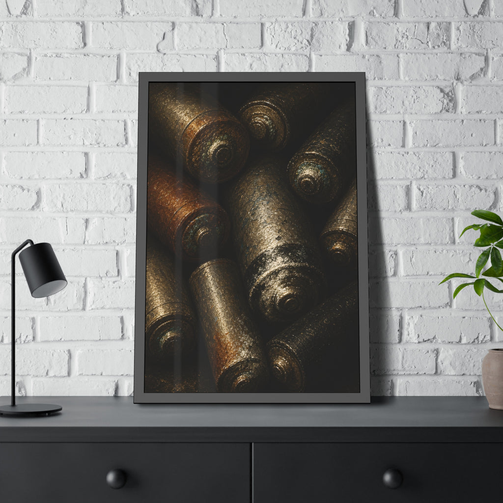Heap of corroded batteries filling the frame in dim raking light. Chorus of Corrosion by Garabaggio, framed fine art print hanging in a room.