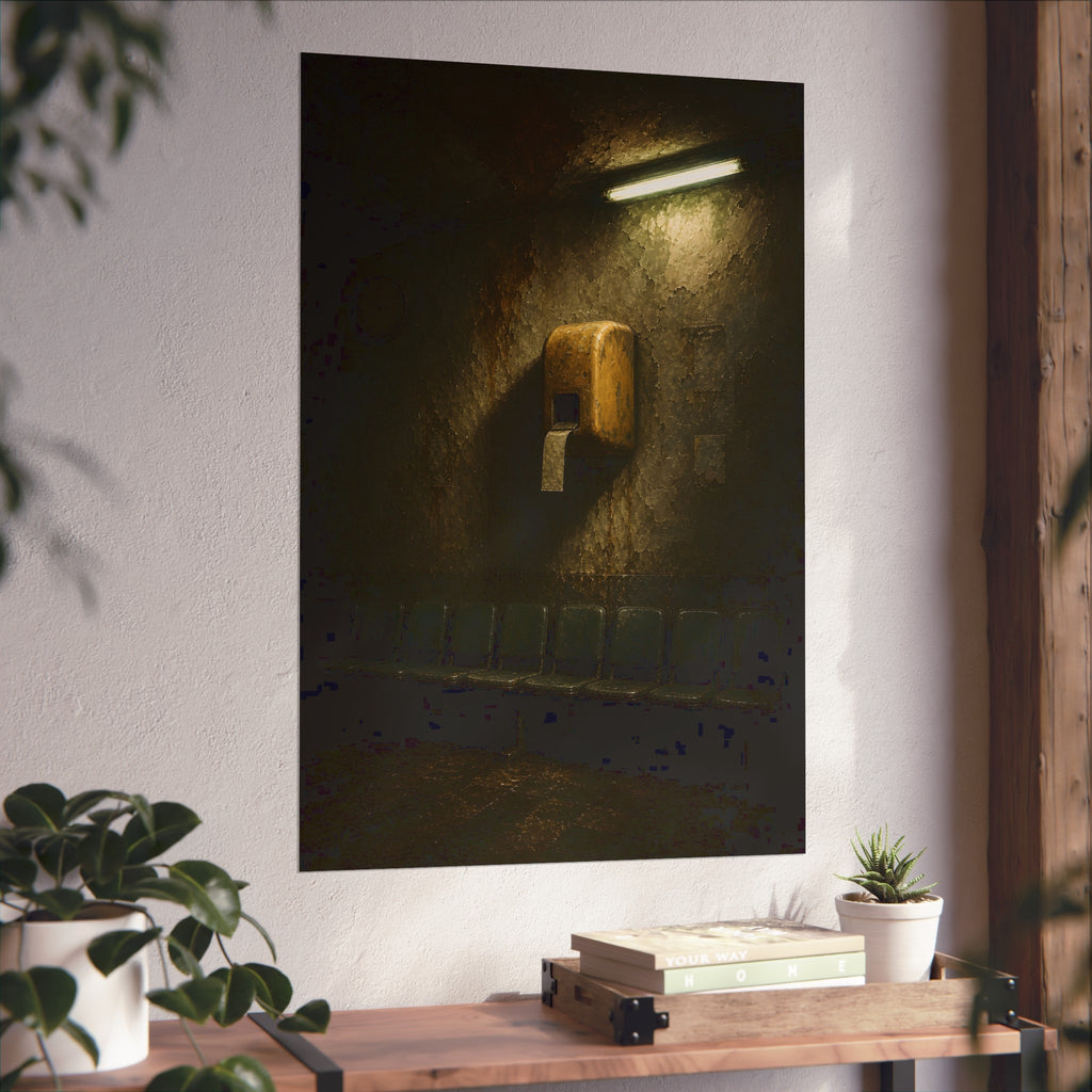Yellow ticket dispenser on a stained wall above empty seats. Before the First Name by Garabaggio, fine art print hanging in a room.