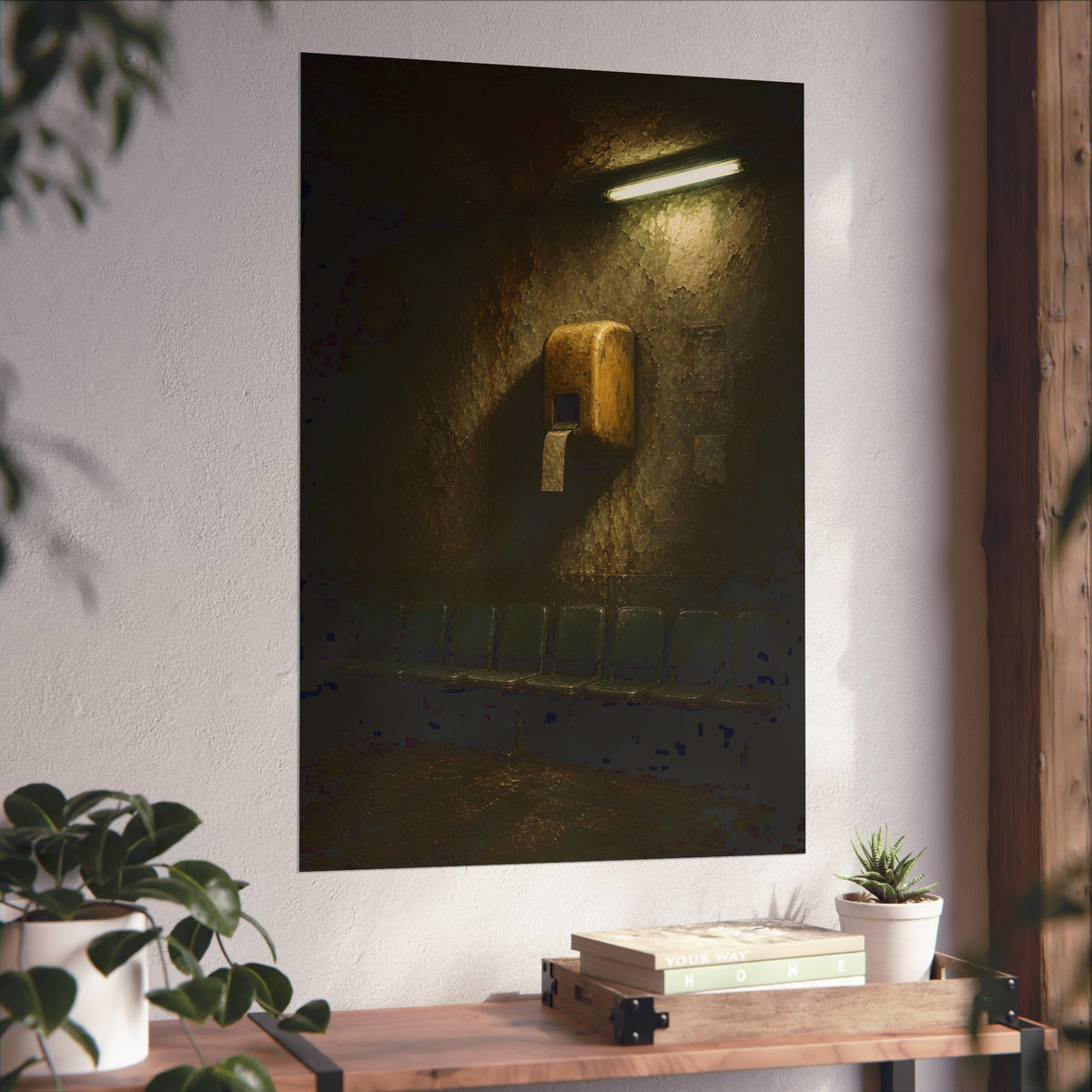Yellow ticket dispenser on a stained wall above empty seats. Before the First Name by Garabaggio, fine art print hanging in a room.