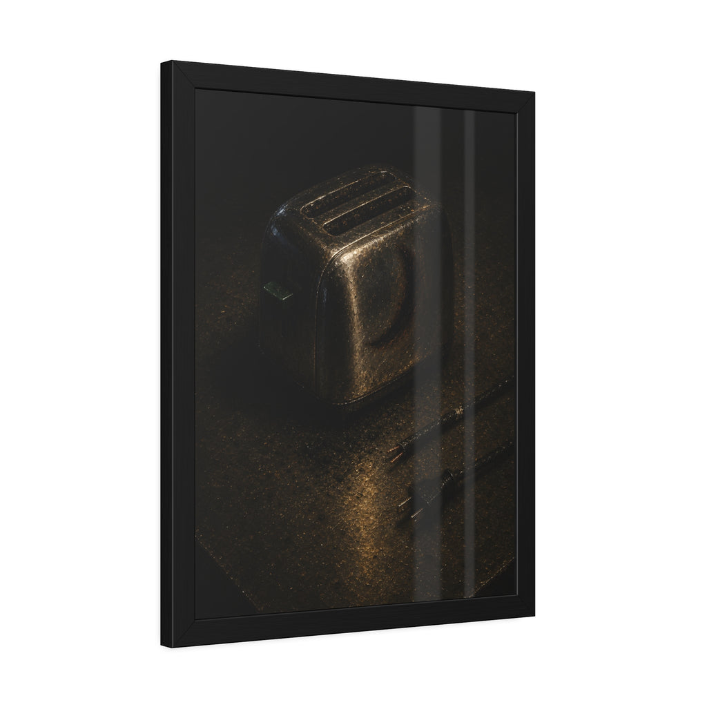 A scorched toaster on a metal table beside its severed cord and plug. The Severing of the Cord by Garabaggio, framed fine art print hanging in a room.