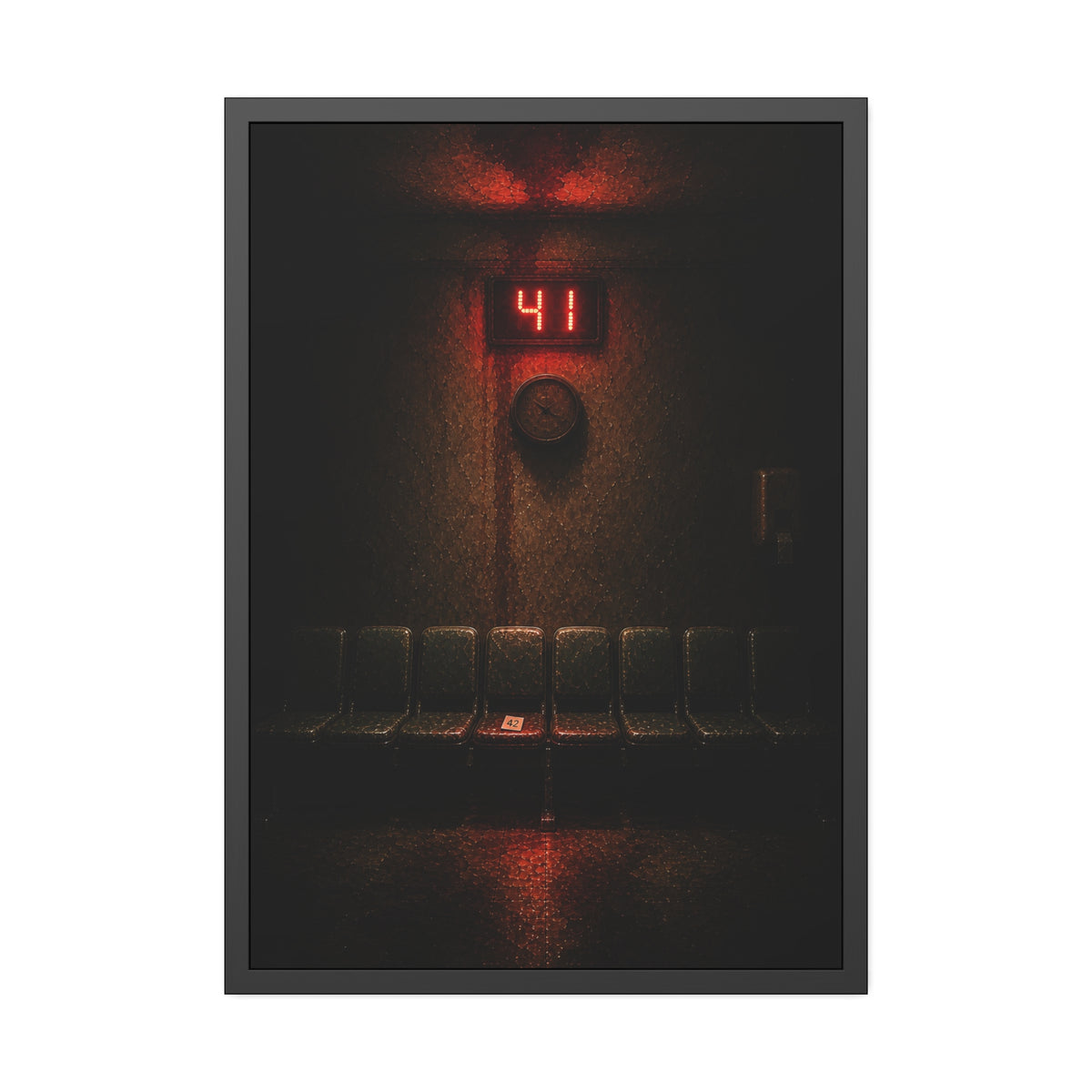 An empty row of waiting room seats beneath a red display reading 41. The Call That Does Not Come by Garabaggio, framed fine art print, 28″ x 40″.