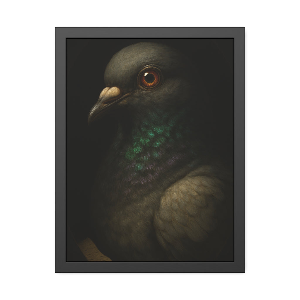 Close portrait of a pigeon with an iridescent green throat. Study of the Holy Messenger, No. 1 by Garabaggio, framed fine art print hanging in a room.