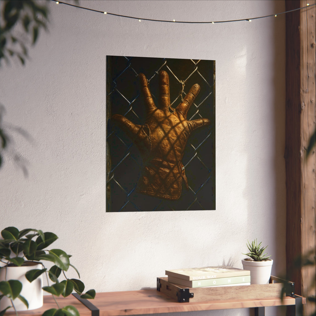 A worn leather glove caught fingers up on a dark chain-link fence. The Crucifixion on Chain-Link by Garabaggio, fine art print hanging in a room.