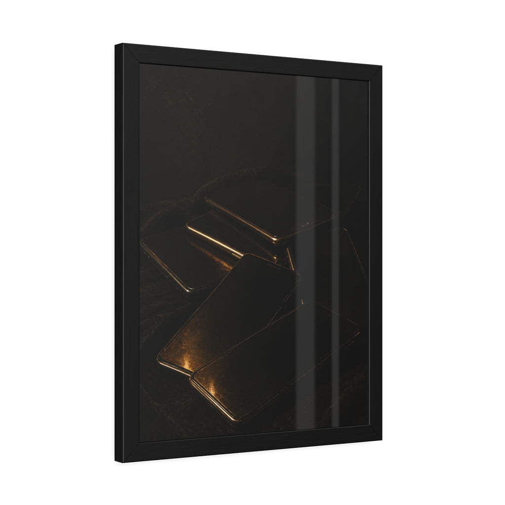 Stack of dead phone screens on dark cloth, edges catching warm light. After the Light Goes Out by Garabaggio, framed fine art print hanging in a room.