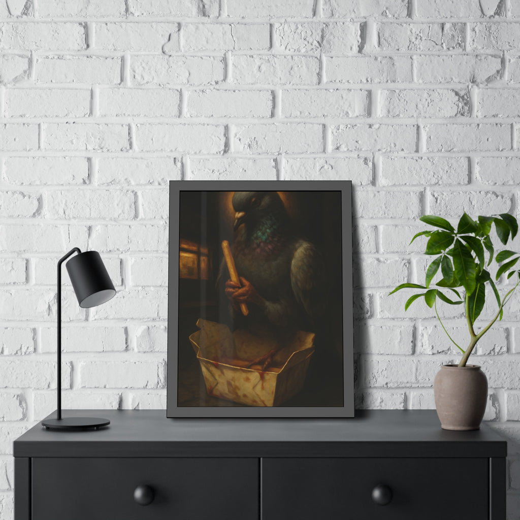 A haloed pigeon holding a french fry over a takeout carton in an alley. Madonna of the Pigeon with Fries by Garabaggio, framed fine art print hanging in a room.