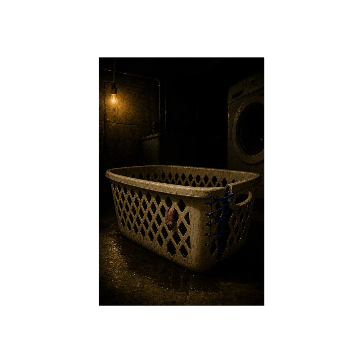 A laundry basket laced shut with blue cord under a bare bulb. The Binding with Blue Cord by Garabaggio, fine art print, 24″ x 36″.