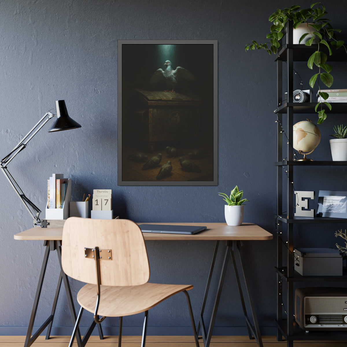 A pigeon with wings spread on a rusted dumpster lid. The Beatification of the Common Pigeon by Garabaggio, framed fine art print hanging in a room.