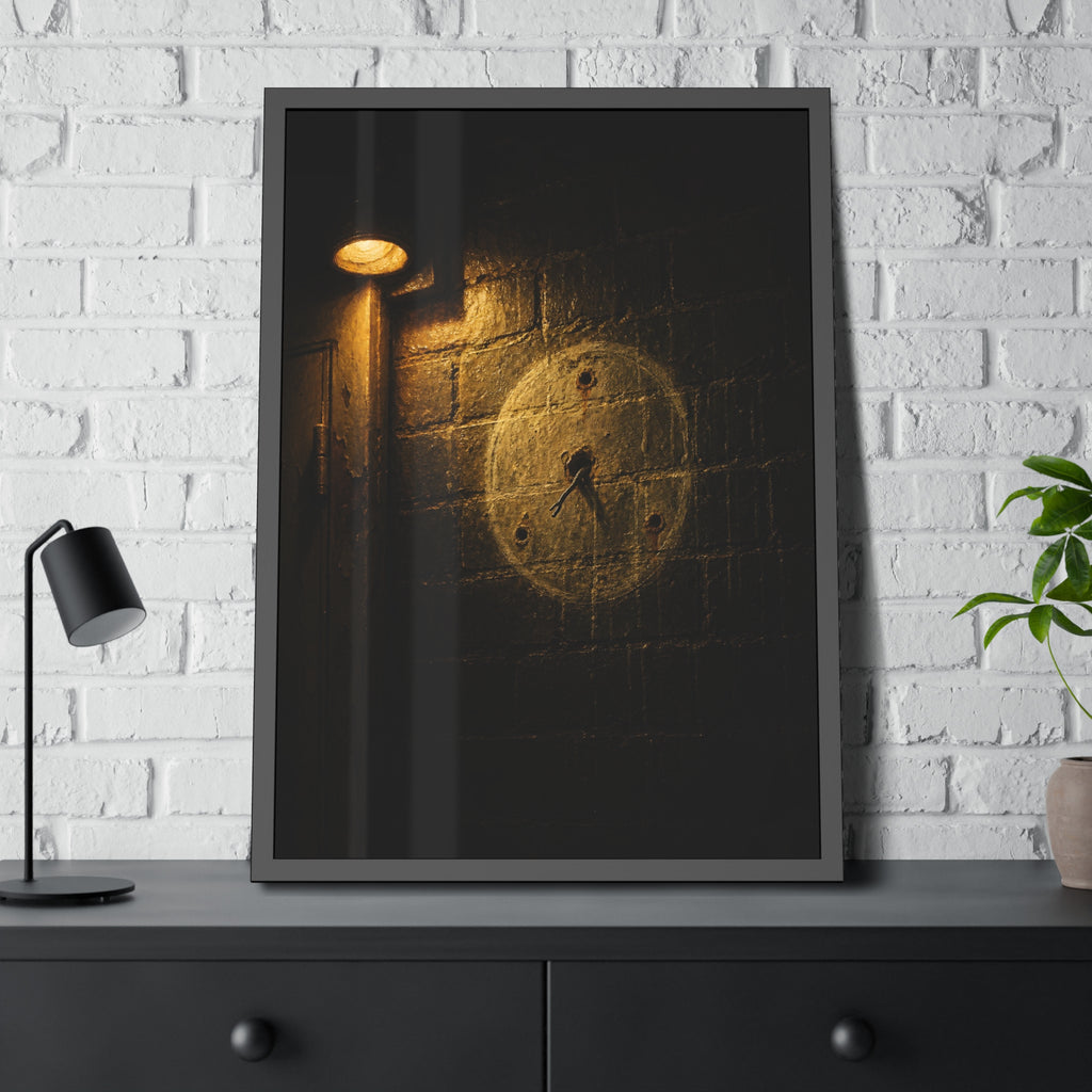 A faded clock face on a brick wall lit by a hooded doorway lamp. The Wall Keeps Watching by Garabaggio, framed fine art print hanging in a room.