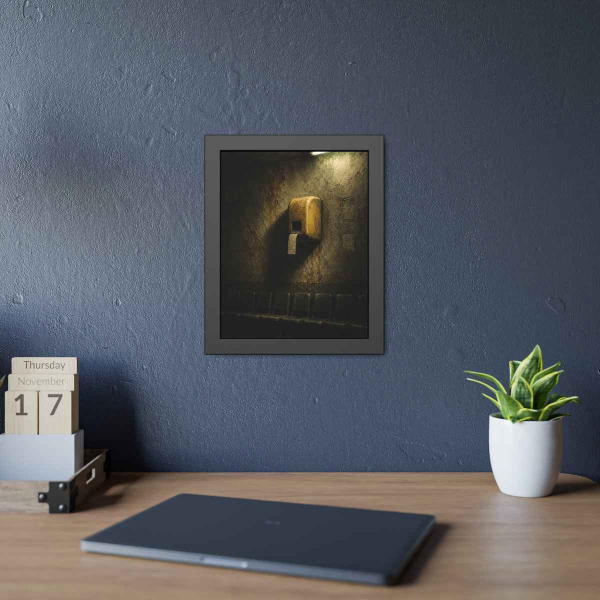 Yellow ticket dispenser on a stained wall above empty seats. Before the First Name by Garabaggio, framed fine art print hanging in a room.