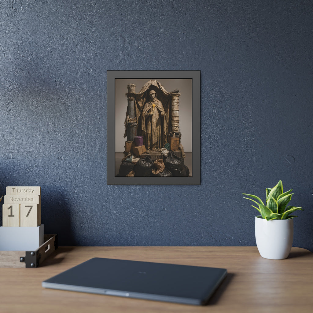 Draped standing figure under a canopy above a heap of black garbage bags. Saint Francis of the Black Bag by Garabaggio, framed fine art print hanging in a room.