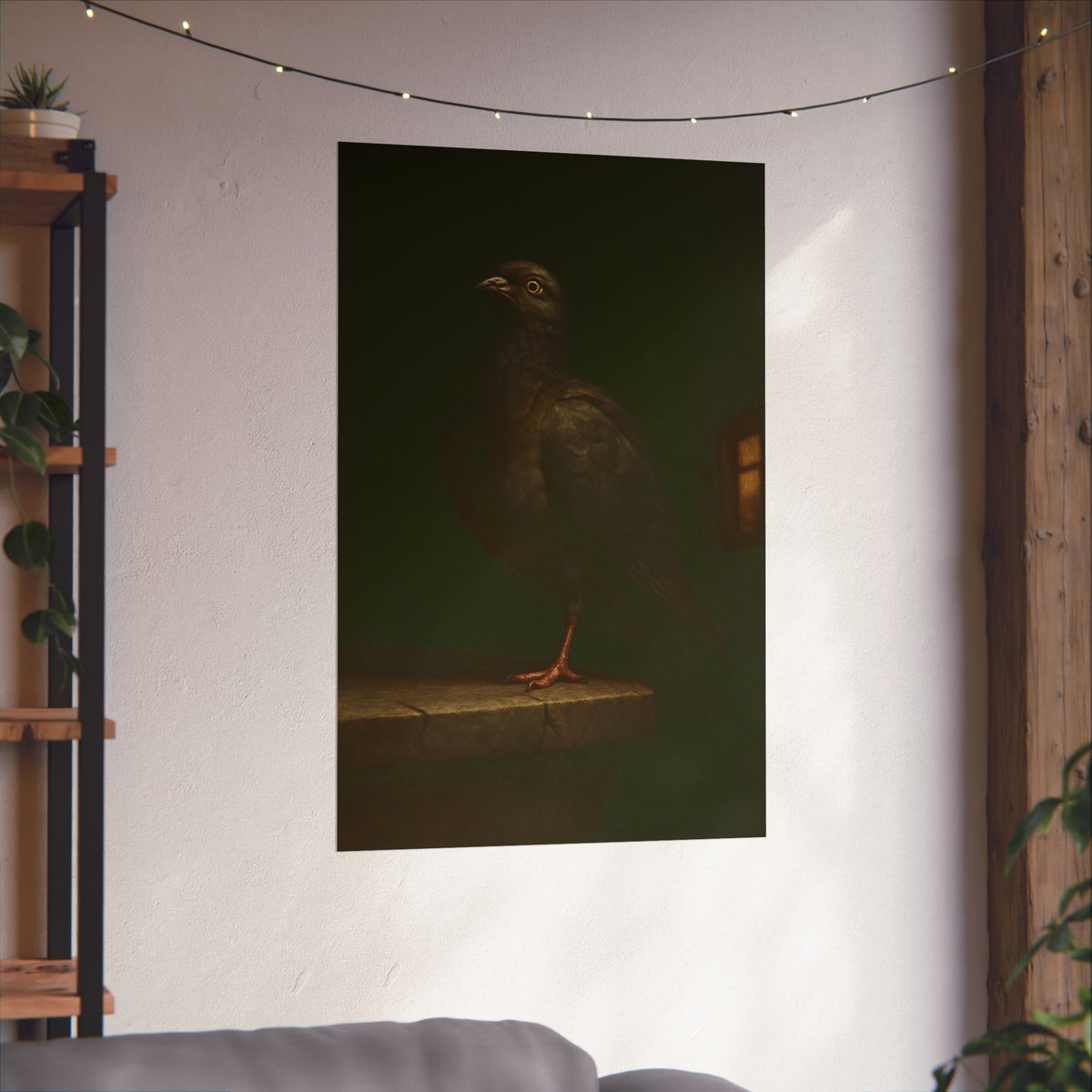 A pigeon standing on a cracked stone ledge in near darkness. The Martyrdom of the One-Legged Saint by Garabaggio, fine art print hanging in a room.